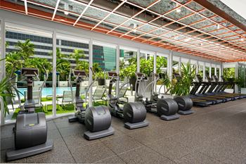 Fitness center with yoga and spin rooms
